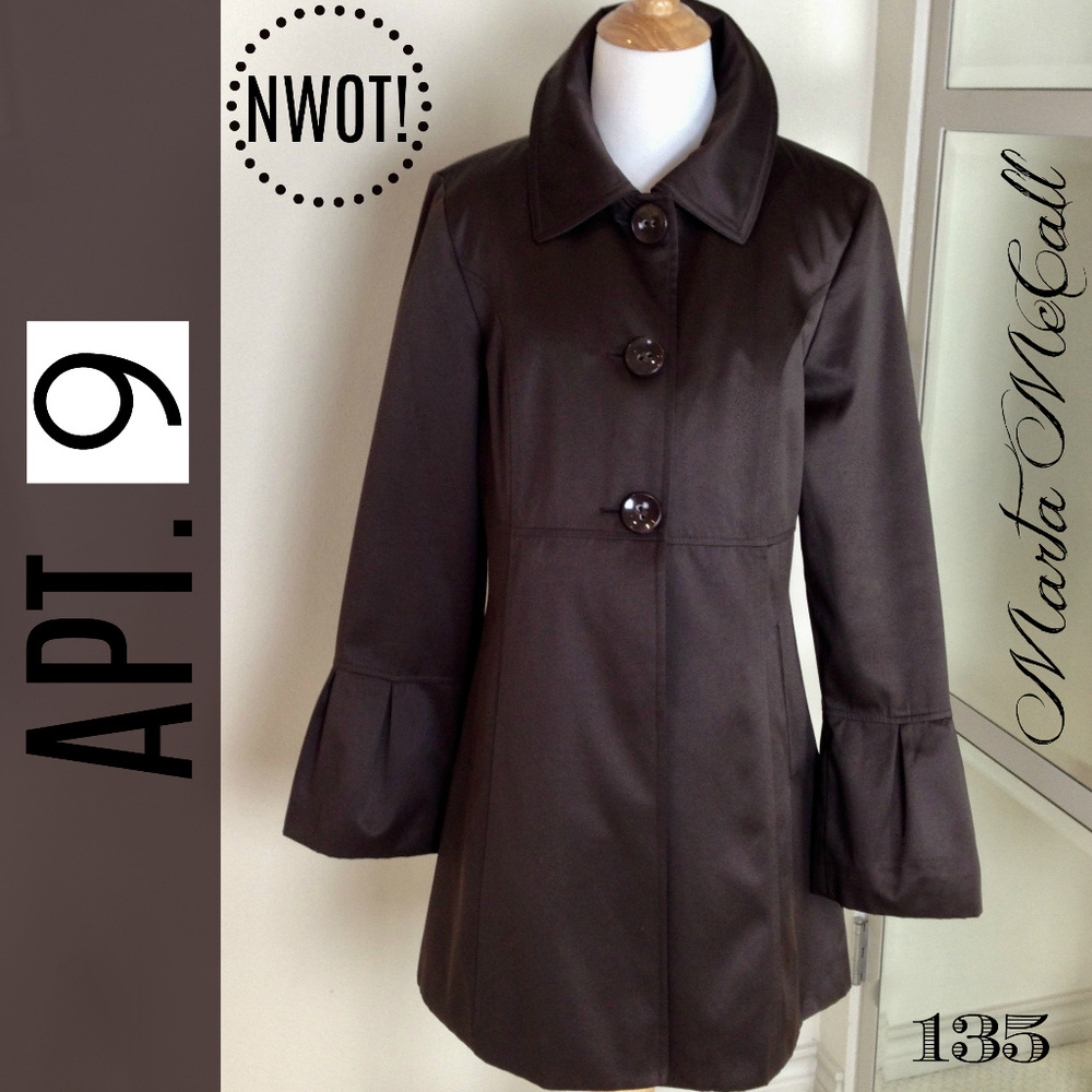 APT 9 Dk Brown Satin Bell Sleeve Knee Length Coat